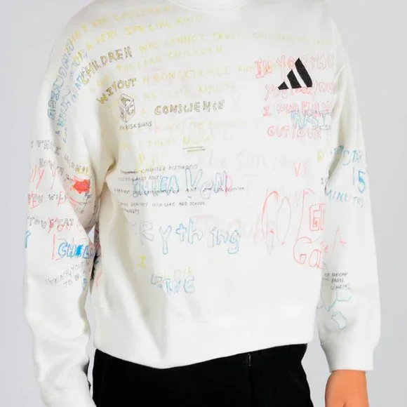 Yeezy White Crewneck Sweater with Multicolor Graphics